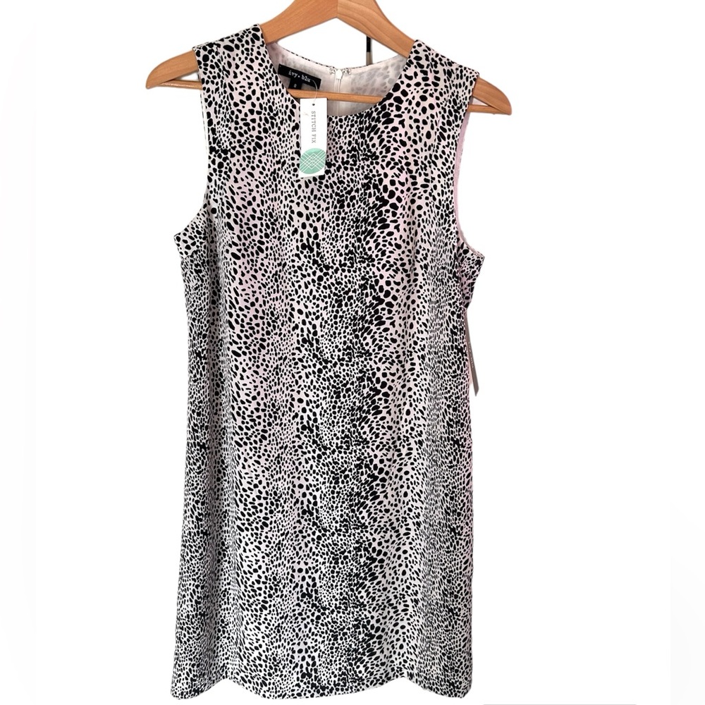 ivy + blu black & white sleeveless snow leopard print “Robin” sheath dress NWT